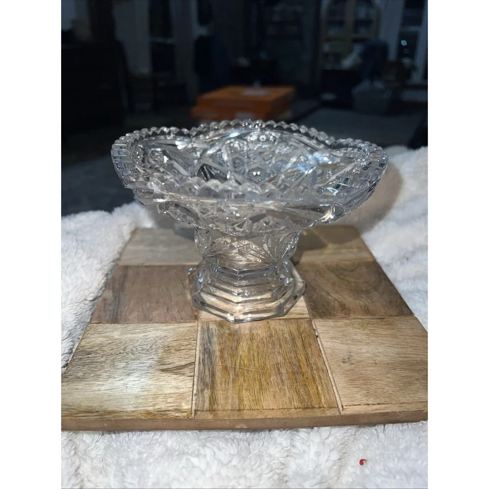 Vintage cut glass pedestal bowl, likely used as a candy dish or compote.